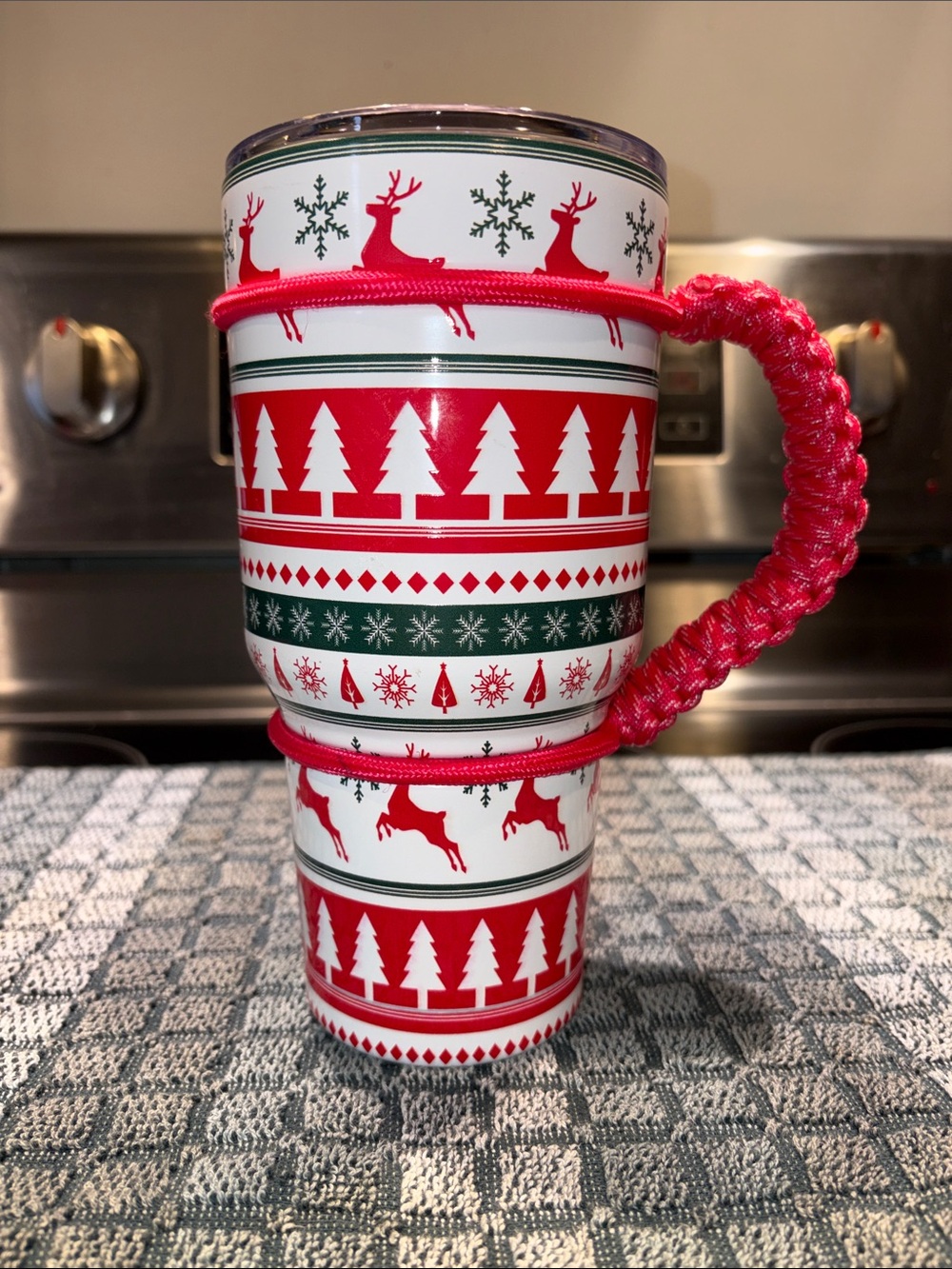 Stainless Christmas Tumbler Trees and Reindeer Paracord  Handle 40oz